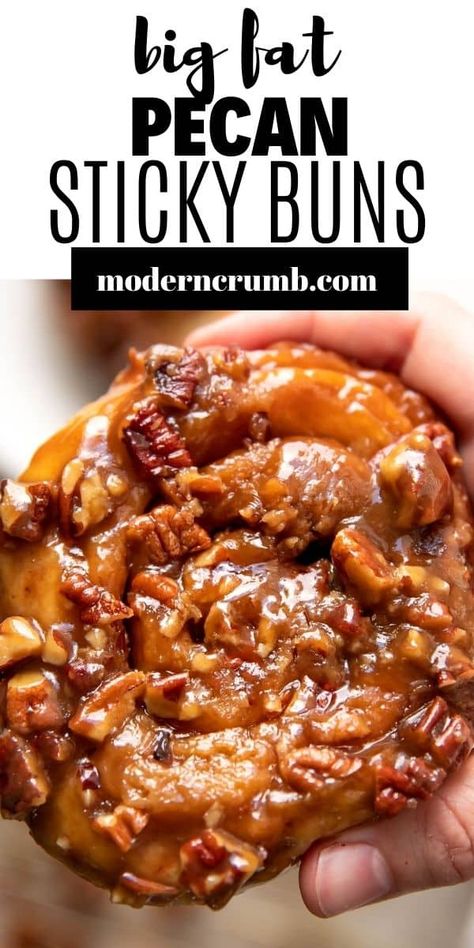 These pecan sticky buns are huge! Gooey and sticky soft caramel and pecans are swirled around fluffy cinnamon roll dough. The brown sugar and cinnamon smells are so inviting and cozy. Shareable Baked Goods, Bourbon Pecan Sticky Buns, Homemade Cinnamon Rolls With Pecans, Sticky Pecan Pull Apart Bread, Praline Cinnamon Rolls, Cinnamon Sticky Buns Recipes, Cinninom Rolls Recipe, Easy Pecan Sticky Buns, Apple Sticky Buns