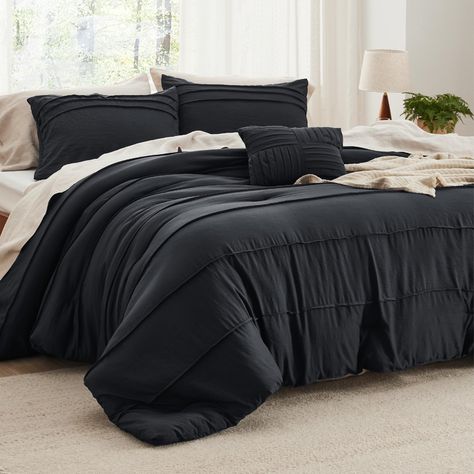 PRICES MAY VARY. Elegant Home Decor: This comforter set combines the exquisite pinch pleat design with a stripe pattern, bringing a touch of sophisticated style to any sleeping space. It is a perfect gift for your loved ones or just to show you care. Premium Filling: Featuring Bedsure's thoroughly tested microfiber filling blend, this down alternative comforter bedding set maintains the perfect balance between weight and warmth, creating a cloud-like sleeping space all year round. Extra Soft: Th Black And Brown Bedding, Black Duvet Cover Bedroom, Black Comforter Bedroom, Black Bedding Sets, Fluffy Bed Set, Fluffy Bed, Black Bed Set, Full Comforter Sets, King Size Comforter Sets