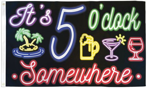 PRICES MAY VARY. ⭐ Durable 100 denier polyester flag measures 3 x 5 feet with 2 brass grommets for easy hanging ⭐ Vibrant neon colors and bold graphics stand out for maximum visibility ⭐ Quality stitching and construction for a long lasting banner ⭐ Perfect for Mardi Gras parties, bars, patios and celebrations It's 5 O'Clock Somewhere Neon Flag 3x5ft Poly Door Desk, Beach Flags, Beer House, 5 O Clock Somewhere, Wall Flag, Party Flags, Easy To Draw, Apartment House, 5 O Clock