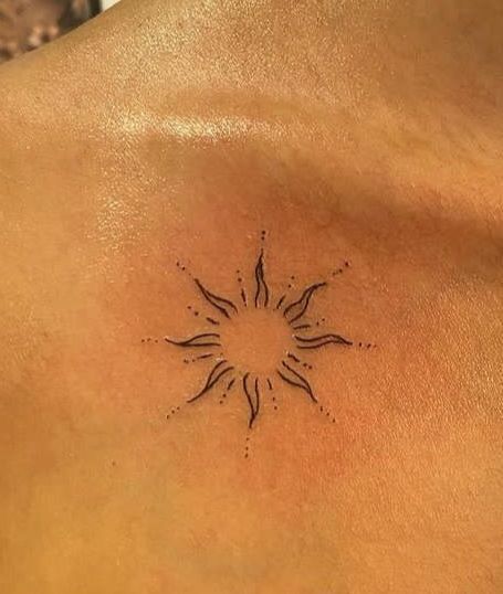 Beachy Sun Tattoo, 111 Tattoo On Wrist, Half Sun Back Tattoo, Solar Flare Tattoo, Swirl Moon Tattoo, Simple Line Sun Tattoo, Morning Sun Tattoo, Collarbone Sun Tattoo, Indian Sun Tattoo