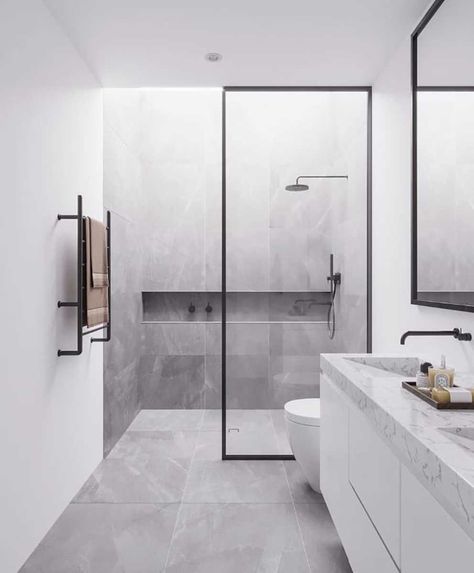 Drømme Bad, Dekorere Bad, Minimalist Bathroom Design, Interior Design Minimalist, Bathroom Inspiration Modern, Grey Bathroom, Mirror On The Wall, Hus Inspiration, Bathroom Design Luxury