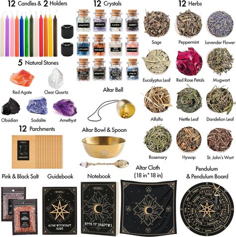 Amazon.com: Wyspell Large Witchcraft Kit 65 PCS - Witch Altar Spell Kit - Wiccan Supplies and Tools - Witch Set for Beginners Witchcraft Supplies Kit : Home & Kitchen Beginners Witchcraft, Witch Altar, Witchcraft Candles, Witch Supplies, Witchcraft Altar, Dandelion Leaves, Spells For Beginners, Hanukkah Candles, Witches Altar