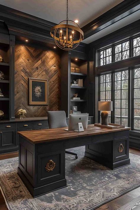 Contractors Office Ideas, Masculine Library Office, Cozy Library Office Ideas, Dream Office Aesthetic, Masculine Office With Built Ins, Ralph Lauren Inspired Home Office, Masculine Dark Office, Moody Mens Home Office, Woman’s Office Design