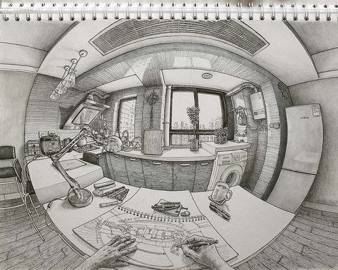 5 Point Perspective, Perspective Sketch, Perspective Drawing Architecture, Perspective Drawing Lessons, Cool Pencil Drawings, Perspective Art, Point Perspective, Fish Eye, Figure Sketching