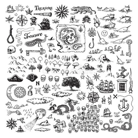 Pirate map elements stock illustration Pirate Map Tattoo, Map Elements, Pirate Illustration, Pirate Map, Map Sketch, Fantasy Map Making, Map Symbols, Map Tattoos, Fantasy World Map