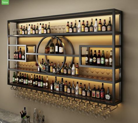 Wall Bar Ideas, Bar Wall Design, Wine Rack Metal, Home Wine Bar, Modern Wine Rack, Bar Counter Design, Mounted Wine Rack, Home Bar Rooms, Modern Home Bar