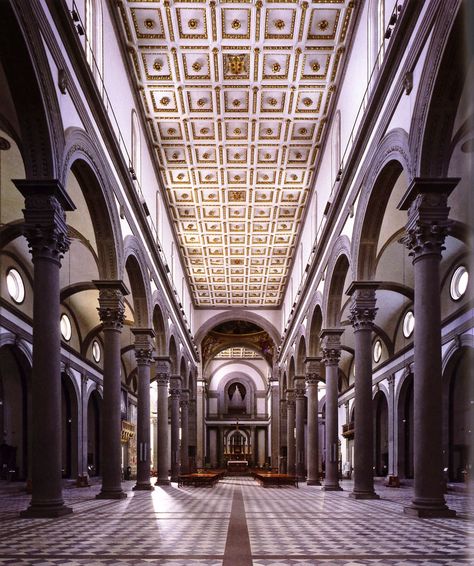 Basilica of San Lorenzo, Florence by Filippo Brunelleschi (1421-1440) interior showing nave toward the altar -  Brunelleschi used pietra serena, "the serene stone," to help create the calm sense of balance. Historical Architecture, Tuscany Italy, Classical Architecture, Hotels In Florence Italy, Filippo Brunelleschi, Florence Tuscany, Architecture History, Architecture Old, San Lorenzo