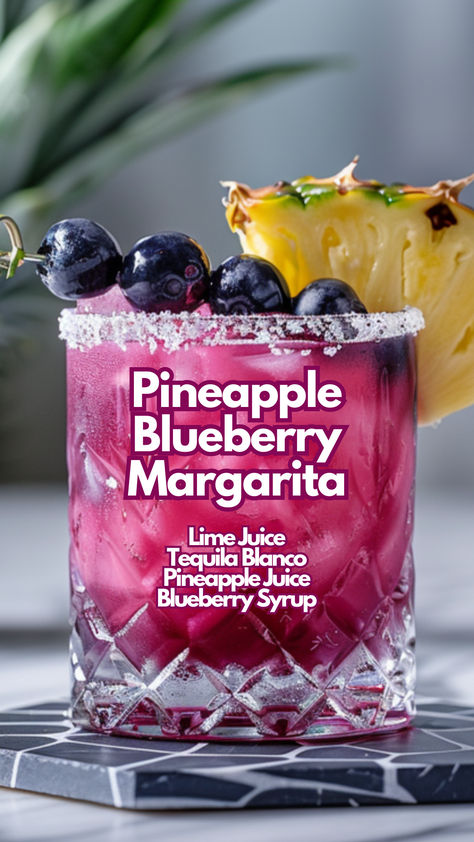 Pineapple Blueberry Margarita Fresh Margarita Recipe, Blueberry Margarita, Blueberry Cocktail, Raspberry Margarita, Cocktail Drinks Alcoholic, Blueberry Syrup, Yummy Alcoholic Drinks, Tequila Drinks, Fruity Cocktails