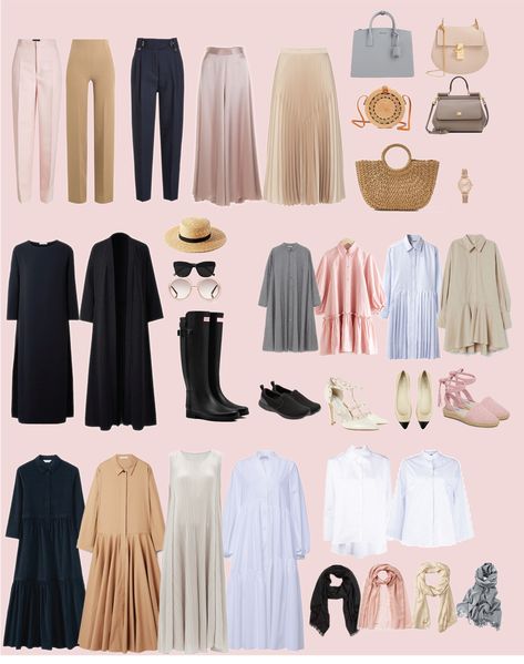 Hijab Capsule wardrobe Capsule Modest Wardrobe, Modest Fashion Capsule Wardrobe, Feminine Capsule Wardrobe Summer, Summer Modest Capsule Wardrobe, Mom's Capsule Wardrobe, Modest Wardrobe Capsule, Abaya Capsule Wardrobe, Hijab Wardrobe Capsule, Modest Wardrobe Essentials