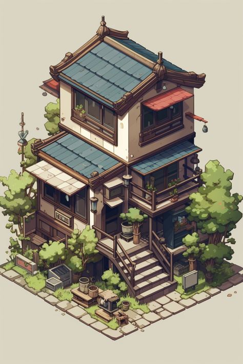 Isometric Environment Concept Art, Isometric Art House, Isometric Building Illustration, Isometric Art Drawing, Japanese House Art, Isometric Game Art, Isometric Environment, Isometric Island, Drawing Room Concept