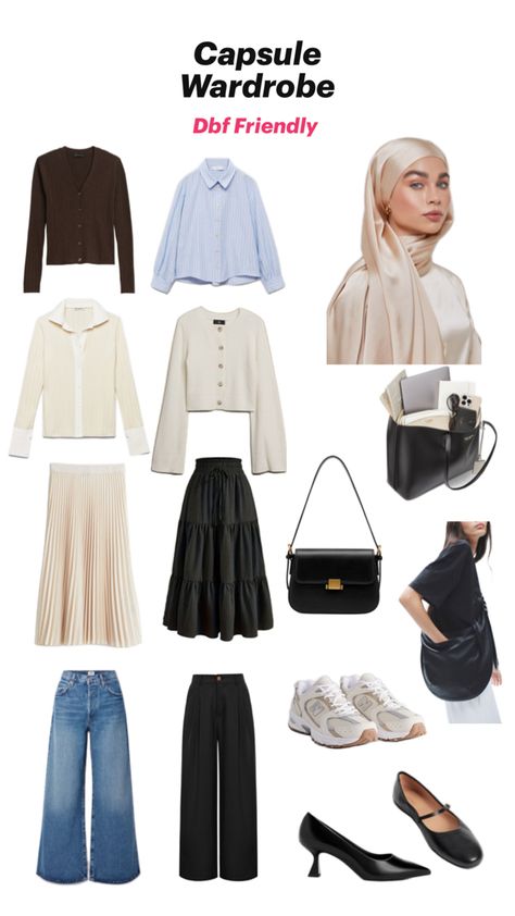 a thoughtfully curated capsule wardrobe that's both hijab and breastfeeding-friendly, perfect for the modern mom. This collection features versatile pieces, including comfortable tops, cardigans, skirts, and jeans, designed to offer both style and ease. With a focus on work and casual outfits, you'll find mix-and-match essentials like chic blouses, breathable skirts, and relaxed-fit jeans that provide comfort and flexibility. Complete your look with functional bags and versatile shoes that complement your everyday needs, ensuring you stay stylish and confident throughout your motherhood journey. Cardigan Hijab Outfit, Cardigan Hijab, Mix And Match Outfits Hijab, Wardrobe Color Guide, Focus On Work, Outfits Hijab, Stylish Hijab, Capsule Wardrobe Outfits, Muslim Outfits Casual