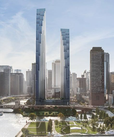 SOM unveils two-tower proposal for former chicago spire site Two Towers, Two Towers Architecture, Residential Tower Architecture, Shahyad Tower, Chicago Glass Tower, Chicago Tribune Tower, Tower Building, Tower Design, Skyscraper Architecture