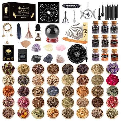 PRICES MAY VARY. 🏆 127 Pack Protection Witchcraft Kit: New Black Witchcraft Set for beginners loaded with wiccan supplies and tools for protection. It include 40 dried herbs, 9 crystals bottles, 12 black spell candles, 2 candle holders, 20 parchments, 20 incense with holder, 6 raw stones, obsidian fengshui ball & holder, pendulum dowsing & pendulum board, necklace amulet, chakra bracelet, black salt, witch broom, black tarobs, feathers, hand bell, spoon, witch bell, guide book, spell bag. Happy Hecate Alter, Witchcraft Kit, Protection Witchcraft, Wiccan Supplies, Candles Witch, Black Witchcraft, Spell Kits, Witch School, Wiccan Rituals