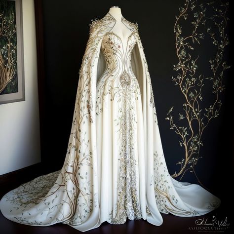 White elvish style gown with silver vine embroidery. Royal Wedding Dress, Old Fashion Dresses, Fantasy Dresses, Royal Dresses, Queen Dress, Fantasy Gowns, فستان سهرة, Fairytale Dress, Dresses Red