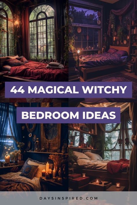 Wiccan Bedroom Ideas, Witch Living Room Aesthetic, Dark Witchy Bedroom Ideas, Witchcore House, Witch Cottage Bedroom, Vintage Witchy Bedroom, Dark And Moody Bedroom Jewel Tones, Dark Moody Bedroom Ideas Cozy, Dark Academia Aesthetic Room Decor Ideas