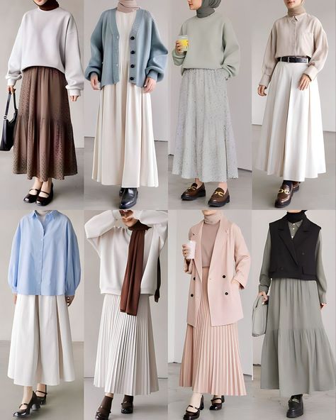 Hijab Capsule Wardrobe, Modest Skirt Outfits Muslim, Muslimah Outfit Ideas, Outfit Kampus Hijab, Hijab Ootd Casual, Ootd Korean Style Hijab, Rok Korean Style, Outfit Hijab Casual Rok, Outfit Rok