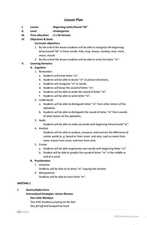 Lesson Plan "M" - English ESL Worksheets for distance learning and physical classrooms Lesson Plan For Kindergarten English, English Teacher Lesson Plans, Alphabet Lesson Plans, Phonics Lesson Plans, Two Letter Words, Preschool Phonics, Lesson Plan Sample, Lesson Plan Format, Lesson Plan Examples