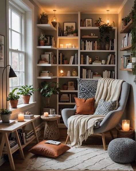 Room Nook Ideas Bedrooms, Guest Study Room Ideas, Interior Design Reading Corner, Boho Bedroom Reading Nook, Reading Room With Desk, Boho Homeschool Room Ideas, Cosy Modern Home, Small Formal Sitting Room Ideas, Snug Decor Ideas