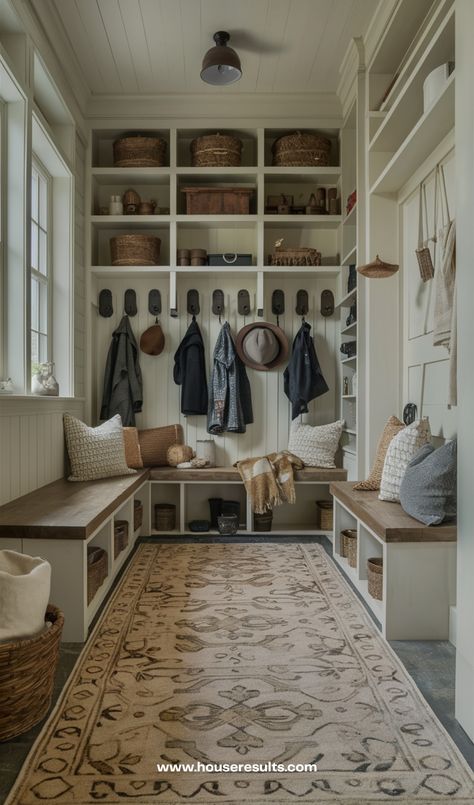 22 Functional and Stylish Mudroom Ideas - HouseResults Bootroom Entrance Ideas, Mudroom Tall Ceilings, Bedroom Turned Mudroom, Mudroom Dining Room, Mud Room Shoe Shelf, Breezeway Ideas To Garage Enclosed Cozy, Modern Cottage Mudroom, Mudroom Modern Farmhouse, Country Farmhouse Mudroom