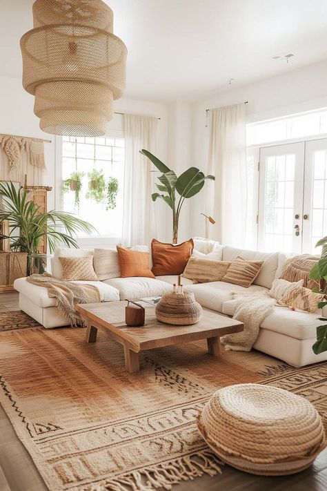 Cozy Boho Living Room with earthy color scheme, vintage rug, hanging plants, and wood coffee table. Ruang Tamu Outdoor, Boho Living Room Inspiration, Jungle Bedroom, Deco Boheme Chic, Modern Boho Living Room, Interior Design Per La Casa, Boho Living Room Decor, غرفة ملابس, Bohemian Living Room