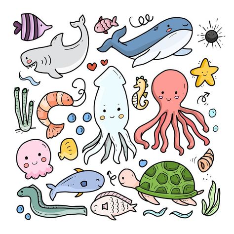 Sea Animal Cartoon, Y2k Drawings, Sea Creatures Drawing, Doodles Bonitos, Cartoon Sea Animals, Ocean Drawing, Sea Drawing, Drawn Fish, Easy Drawing Steps