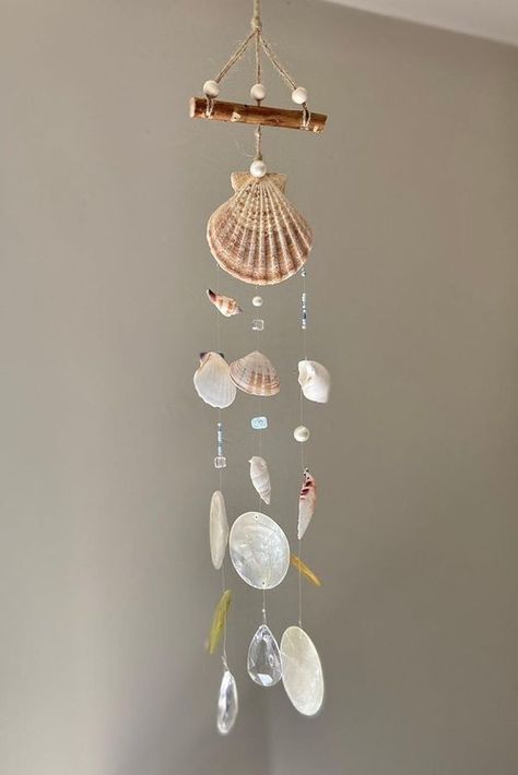 Shell Decorations Ideas, How To Make A Shell Wind Chime, Sea Shell Wind Chimes Diy Seashell Crafts, Tiny Shell Crafts, Olive Shell Crafts, Crafts With Jewelry, Shell Hanging Decor, Things To Do With Shells, What To Do With Shells