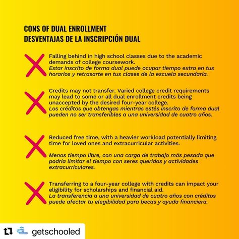 #Repost @getschooled with @use.repost ・・・ Have you heard of dual enrollment before? Dual enrollment is pretty clutch because it allows high school students to get an early start and be dually enrolled in college courses, meaning you can earn college credits while in high school! Dual enrollment has tons of benefits, like saving more money in the long-term, faster graduation, and an early look at college life and the whole college experience! Remember to keep up with your studies though and f... College Life, Dual Enrollment, College Courses, College Experience, In High School, School Students, High School Students, More Money, Keep Up