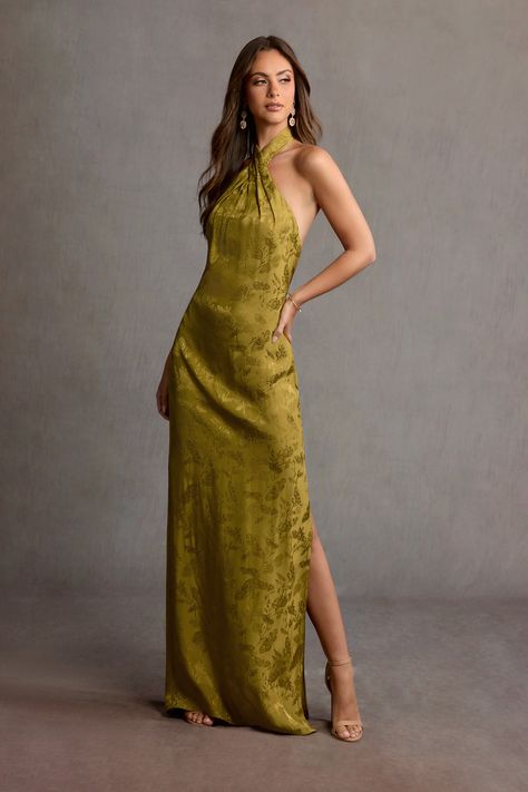 Enter your soft girl era in the Hayden Halter Neck Maxi Dress. This stunner is cut from a beautiful butterfly jacquard fabric, combining a feminine silhouette and an open back. Wear this style to your next special occasion or wedding reception. Fall Wedding Guest Dress Cold, Mustard Green Dress, Cocktail Rehearsal Dinner Outfit Guest, Disco Wedding Guest Dress, Asian Wedding Guest Outfit, Halter Wedding Guest Dress, Chartreuse Bridesmaids Dresses, 70s Wedding Guest Outfit, Green Wedding Dress Guest