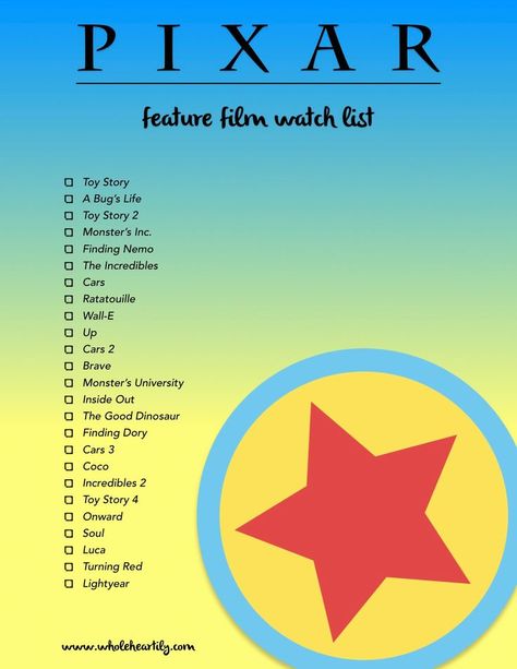 Movie Night Checklist, All Pixar Movies, Movie Night List, Night Checklist, Pixar Animated Movies, Disney Movies List, Pixar Animation Studios, Good Animated Movies, Disney Movie Night