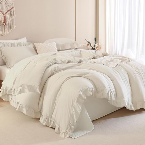 PRICES MAY VARY. 【3 Pieces Beige Comforter Set】Available in ruffle comforter king: 1 ruffled comforter (104x90Inch), 2 pillowcases (20×36Inch); Great gift idea for all your loved ones on special occasions; surprise your friends and family members with this ruffle comforter sets. 【Stylish Ruffled Comforter】Andency ruffled comforter set brings graceful comfort to your bedding. Compared with other normal comforters, our ruffle comforter not only makes the whole bedding look more tasteful and stylis Comforter Sets For Twin Beds, Bed Sets Neutral, Conforter Bedrooms Ideas, White Dorm Comforter, Fluffy Bed Comforters, Cream Bed Comforter, Full Size Bedding Sets, Cozy Bed Comforters, Full Bed Bedding