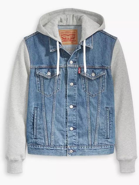 Hybrid Hooded Trucker Jacket - Medium Wash | Levi's® US Fits For Guys, Classic Sweatshirt, Sweatshirt Style, Levis Jacket, Pull & Bear, Trucker Jacket, Parka Jacket, Line Jackets, Metal Buttons