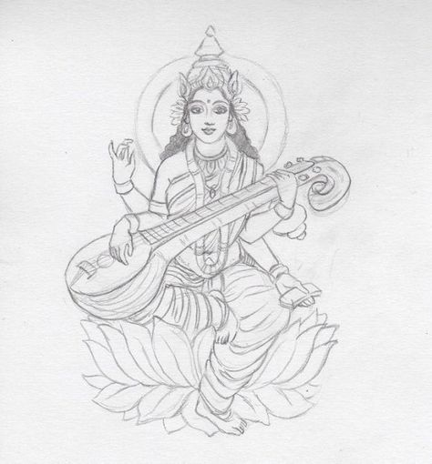 Beautiful Sketch of Mata Saraswati - God Pictures Ma Saraswati Drawing, Saraswati Drawing Art, Maa Saraswati Drawing Sketch, Vishnu Drawing Easy, Saraswati Puja Drawing, Vishnu Sketch, Maa Saraswati Painting, Saraswati Tattoo, Vishnu Drawing