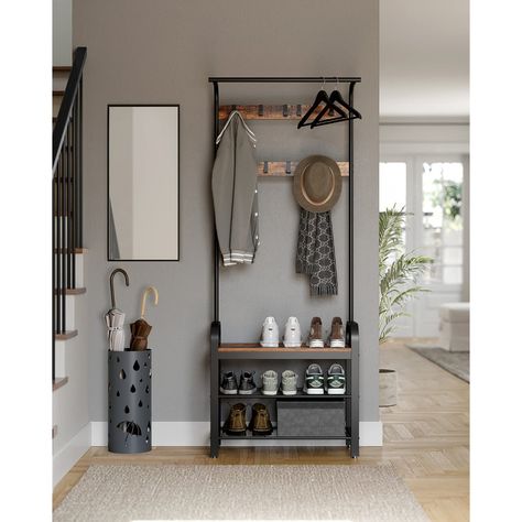 Bench With Coat Rack, Shoe Bench Entryway, Hanging Scarves, Standing Coat Rack, Entryway Storage, Hallway Storage, Shoe Shelf, Shoe Bench, Hallway Furniture