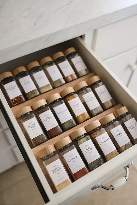 DIY Spice Drawer Organizer | Hunker Diy Spice Drawer Organizer, Diy Spice Jars, Spice Drawer Organizer, Spice Organization Drawer, Kitchen Finds, Spice Drawer, House Organisation, Glass Spice Jars, Dream Apartment Decor