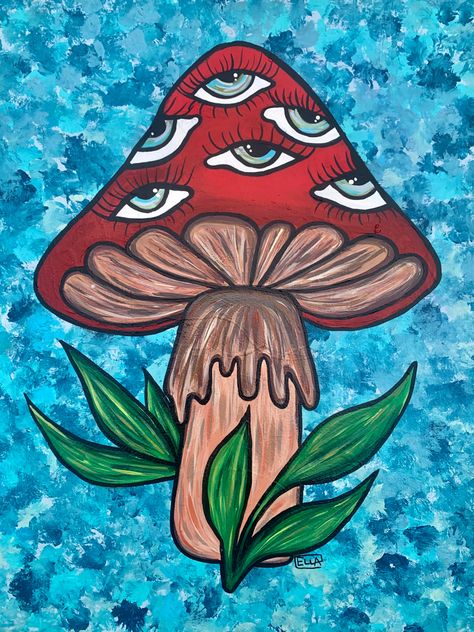 Original painting by Ella Johnson mushroom eye acrylic painting ideas 11”x14” canvas painting wall decor hippie art Big Mushroom Painting, Tela, Neon Mushroom Painting Easy, Mushroom Art Colorful, Trippy Mushroom Drawing Ideas Easy, Mushroom Eye Painting, Chill Paintings Ideas, Shroom Painting Ideas Creative, Goblincore Painting Ideas