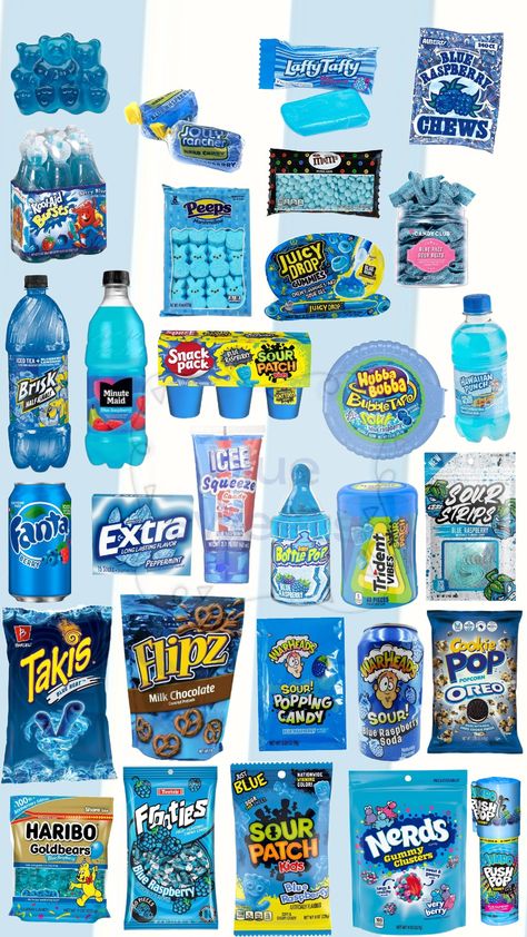 #blue #sweets #bluesweets #candy #yummy #yum #sweet #candies #snacks #bluesnacks #snack #treat Blue Candy Basket, Snacks And Candy, Junk Food Snacks Candy, Candy Lady Ideas, Blue Foods For Color Party, Blue Snacks For Color Party, Sleepover Food Snacks, Good Snacks To Buy, Purple Snacks