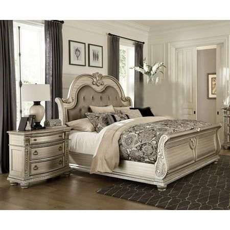 Product Description:- This Collection exemplifies the finest in Old World European design inspiration. Egg and dart base moldings, bead molding, acanthus leaf carvings, and genuine marble inset tops all blend to achieve an elegant addition for your traditional home. The grand sleigh bed features a faux leather, button tufted headboard insert. Each of the collections beautiful details is accented by the silver finish on birch veneer. Product Dimensions:- Queen Size Bed : 68.5" x 95" x 70"H 2x Nig Formal Bedroom, Old World European, Upholstered Bedroom Set, Eastern King Bed, Button Tufted Headboard, Base Moulding, Bedroom Sets Queen, California King Bedding, Sleigh Beds