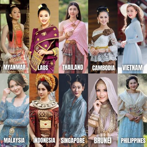 Beautiful girls in ASEAN countries and their national costumes. Every country has its own unique culture. Whether it is in terms of dress, food, traditions, culture, living, customs. And most importantly, people in that nation must be proud of what they are and what they have. and bring those Continue to develop the best Then we will see the value of ourselves and the nation. Malaysian National Costume, Cultural Clothing Around The Worlds, Afro Asian Literature Costume, Asean Costume Traditional, Cultural Day Outfits Traditional Dresses, United Nation Costume Ideas, Mongoloid People, Around The World Costume Ideas, Malaysian Traditional Clothing