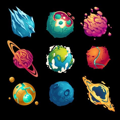 Fantastic planets cartoon galaxy ui game... | Free Vector #Freepik #freevector #technology #star #cartoon #sky Planet Illustration Art, Creating A New Planet Drawing, Planet Illustration Design, Asteroid Drawing, Planet Reference, Create Your Own Planet, Paint Planets, Planets Illustration, Shaped Puzzles