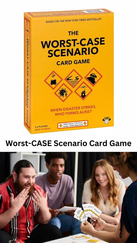 The ALL NEW Worst-Case Scenario Card Game is 0% trivia and 100% humorous fun. An easy-to-learn card game that is perfect for family and adult game night. (Ages 10-Adult / 3-6 Players) Match how players rank five worst-case scenarios from 1 (Bad) to 5 (The Worst). Match correctly and score points. Score the most points...and win! Based on the The New York Times bestselling Worst-Case Scenario Survival Handbook. From the creator of Loaded Questions. Affiliate link Adult Game Night, Family Party Games, Family Party, Age 10, Worst Case Scenario, New Family, Family Parties, Adult Games, Party Game