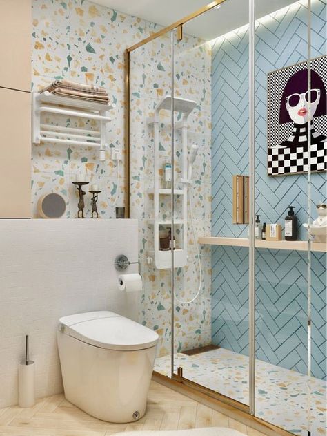 Fun Ensuite Bathroom Ideas, Terrazzo Tiles Bathroom Ideas, Bathroom With Terrazzo Tiles, Terrazo Tile Bathroom Ideas, Blue Terrazzo Bathroom, Terrazzo Toilet, Terrazzo Bathroom Design, Bathroom Terrazzo, تصميم دورة مياه