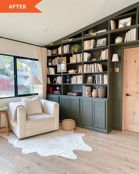 Tv Room With Bookshelves, Vaulted Bookshelves, Bookshelves With Nook, Emerald Green Built In Bookcase, Green Office Bookshelves, Living Room Designs With Bookshelves, Movie Library Room, Office Library Built Ins, Living Room Book Wall