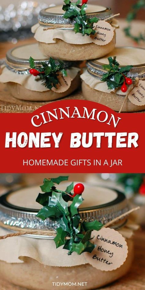 Delicious handmade food gift that requires no baking! Cinnamon Honey Butter makes a beautiful gift in a jar when paired with homemade bread or pound cake. You'll have a delicious gift from the heart that took less than an hour to make from start to finish! Get the easy recipe + gift jar tutorial at TidyMom.net Pound Cake Christmas, Homemade Food Gifts In A Jar, Gifts In Jars, Handmade Food Gifts, Baking Cinnamon, Flavored Butter Recipes, Gift In A Jar, Butter Recipes Homemade, Butter Homemade