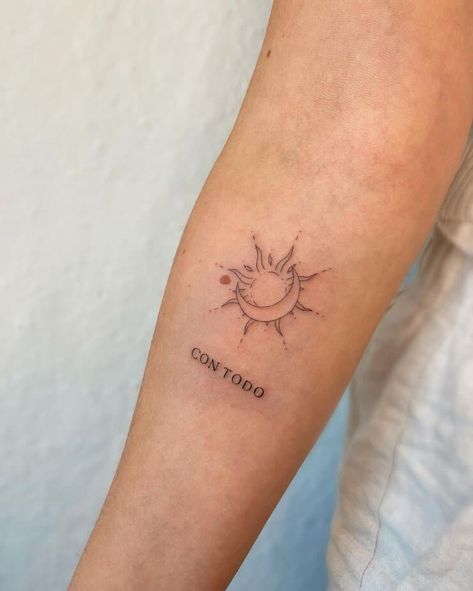 22 Etheral Sun And Moon Tattoos For Effervescent Night Owls 13 Upper Shoulder Back Tattoos For Women, Sun Eclipse Tattoo, Fine Line Sun Moon Tattoo, Sun Tattoo On Chest, Sun And Moon Tattoo Minimalist, Mandala Sun And Moon Tattoo, Sun Star Tattoo, Sun Tattoo Fine Line, Minimal Sun Tattoo