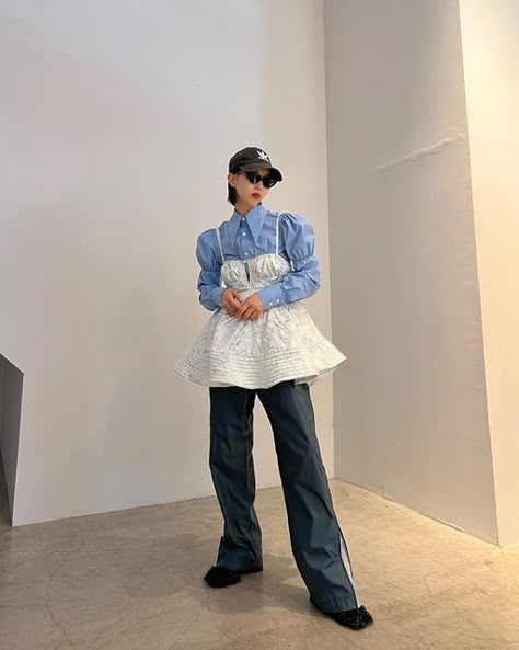 Blue Look Outfit, Dress Over Pants Korean, Dress With Pants Outfit, Blue Outfit Korean, Dress Over Pants Outfits, Dress And Pants Outfit, Dresses With Pants, Dresses Over Jeans, Jean Dress Outfit