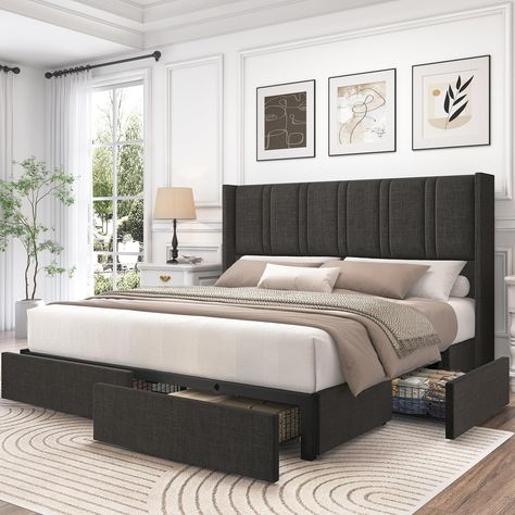 PRICES MAY VARY. 【Bed Frame with 47" Headboard】 The high headboard of this king size bed frame with storage serves as a focal point, offering a sense of grandeur and sophistication to any bedroom decor. It provides excellent support while you relax, read, or watch TV in king bed 【Bed Frame with 4 Storage Drawers】 King upholstered bed frame not only offer unparalleled storage solutions, but it also adds a touch of sophistication to your space. there is ample space to neatly tuck away your extra b King Bed Frame With Drawers, Channel Tufted Headboard, Modern Upholstered Beds, Queen Platform Bed Frame, Apartment Bedding, King Size Platform Bed, High Headboard, Grey Bed Frame, Bed Frame With Drawers