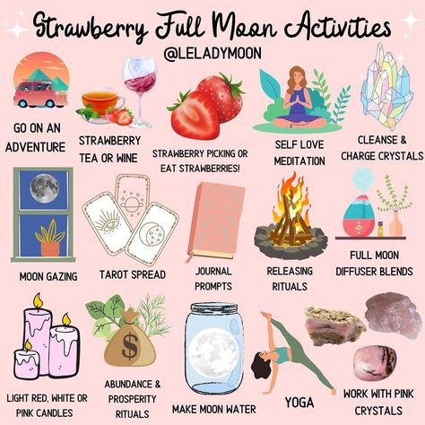 Full Moon Activities, Cosmic Witchcraft, Witch Info, Full Moon Vibes, Strawberry Full Moon, Full Strawberry Moon, Moon Activities, Magical Moon, Moon Astrology