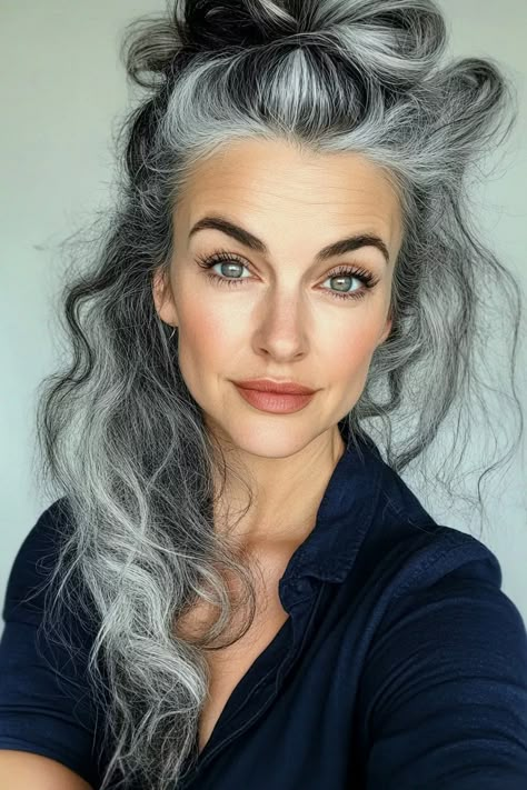 Silver Hair Brunette, Best Color Clothing For Gray Hair, Grey Roots Hairstyles, Bonnie Bedelia Hair, Stop Grey Hair Natural, Gray Hair Wedding Hairstyles, Partially Grey Hair, Gray Hair Lavender Highlights, Long Curly Grey Hair Natural Curls