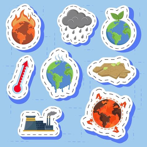 Climate change stickers | Premium Vector #Freepik #vector #earth-illustration #climate #climate-change #eco-earth Global Warning Posters Ideas Earth, Earth Science Design, Climate Changing, Creative Book Cover Designs, Science Earth, Eco Earth, Creative Book Covers, Earth Illustration, Small Doodle