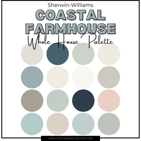 7 Serene Sherwin Williams Coastal Farmhouse Interior Paint Colors - Explore Wall Decor Coastal Farmhouse Paint Colors, Farmhouse Paint Palette, House Paint Palette, Lake House Paint Colors, Interior Paint Color Palette, Farmhouse Paint Colors Interior, Farmhouse Color Palette, House Palette, Coastal Paint